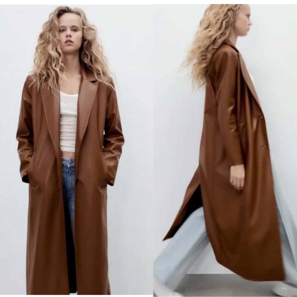 Zara Faux Leather Long Duster Blazer Top Coat Trench Jacket Cognac Brown Medium